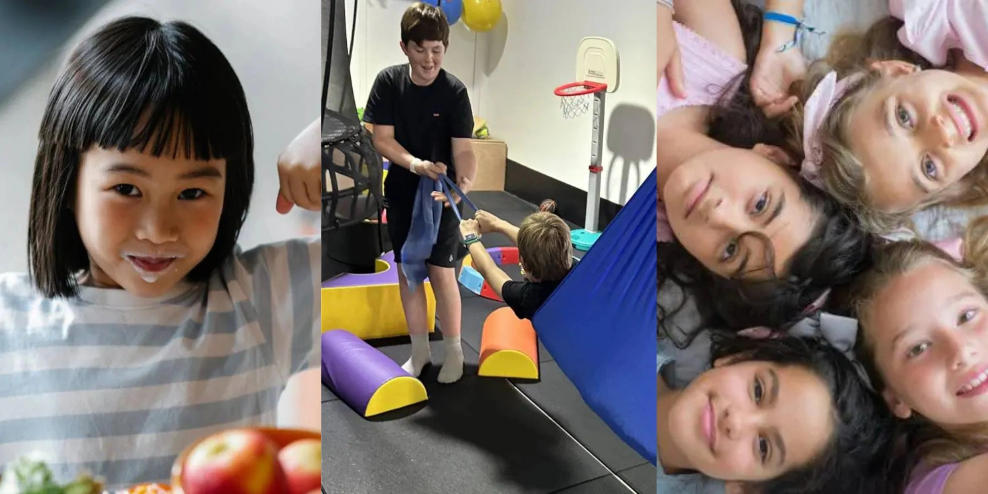 School Holiday Therapy Groups banner with Greenhouse Paediatrics. The banner consists of an image of a group of girl with their heads in the centre looking up at the camera which is taken from a birds eye view on the right. The image in the middle is of two boys in a therapy room, and the picture on the left is of a girl drinking milk.