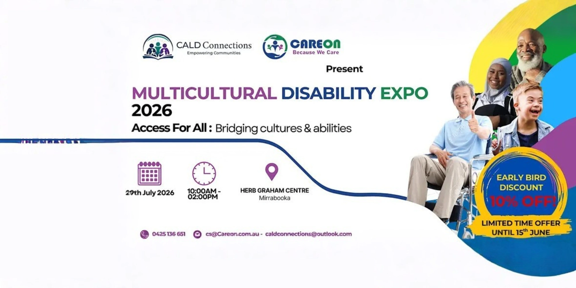 Multicultural Disability Expo 2026 with Careon Services Australia and CALD Connections. The banner consists of a white background with images of people of all ages, cultures and abilities who are smiling on the right hand side.