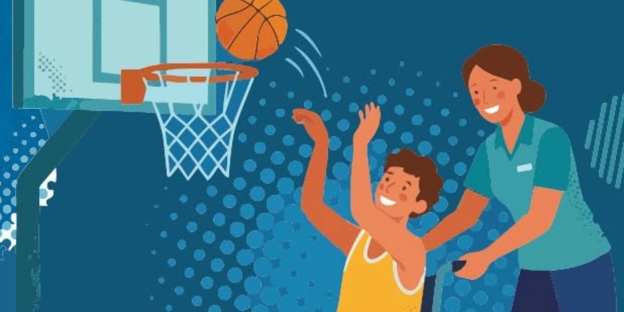 Supported Sports at Cockburn Youth Centre at the City of Cockburn banner. The banner consists of a graphic image of a person in a wheelchair playing basketball and throwing a ball in the basketball hoop with a support worker behind them pushing the wheelchair. The background is a dark blue.