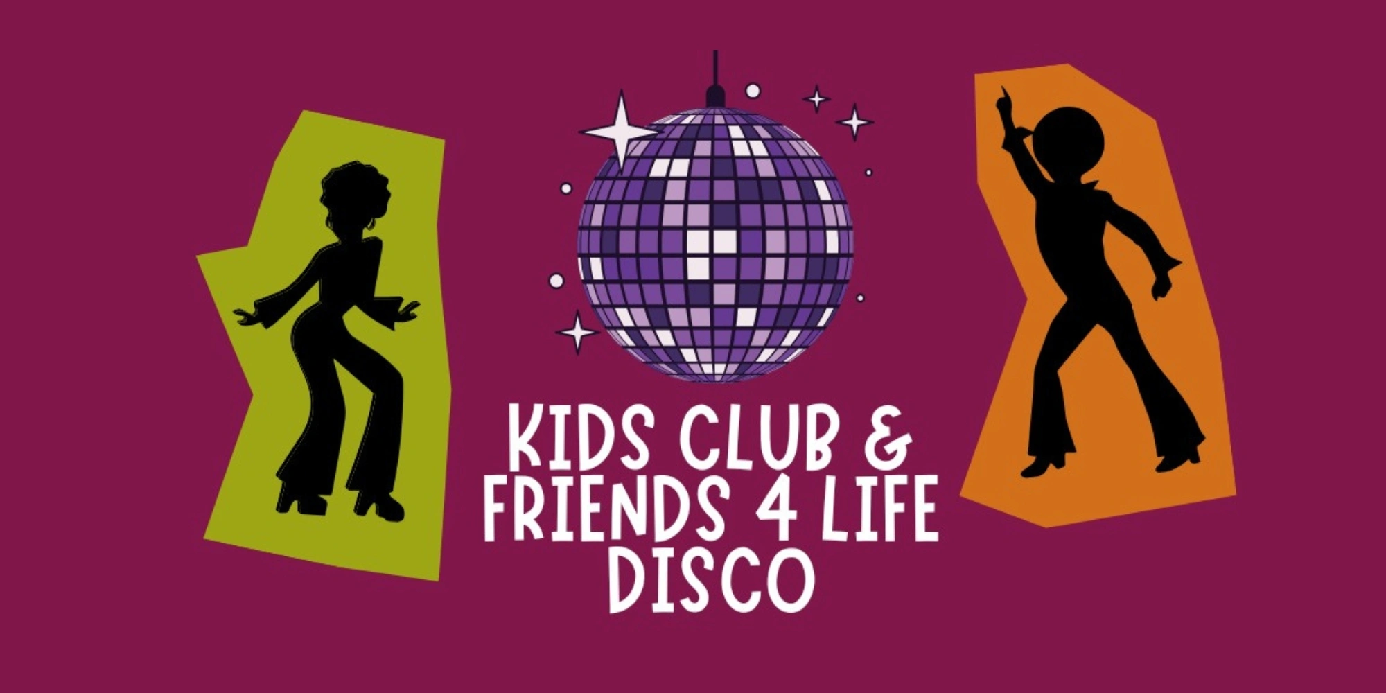 Down Syndrome WA August Dance Party banner. The banner consists of a maroon coloured background with graphic images of people dancing and a disco ball in the centre. The text in the centre reads 