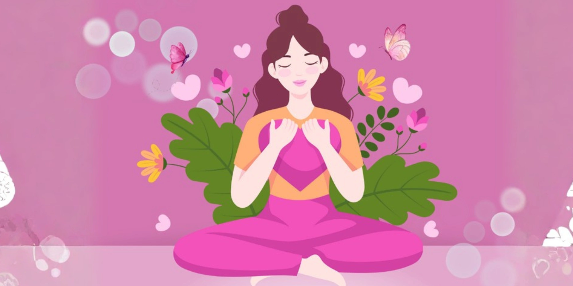 Yin yoga sessions for carers with All Stars for Autism banner. The banner consists of a pink background with a graphic image of a woman sitting down cross-legged holding a pink heart with green leaves and flowers behind her.