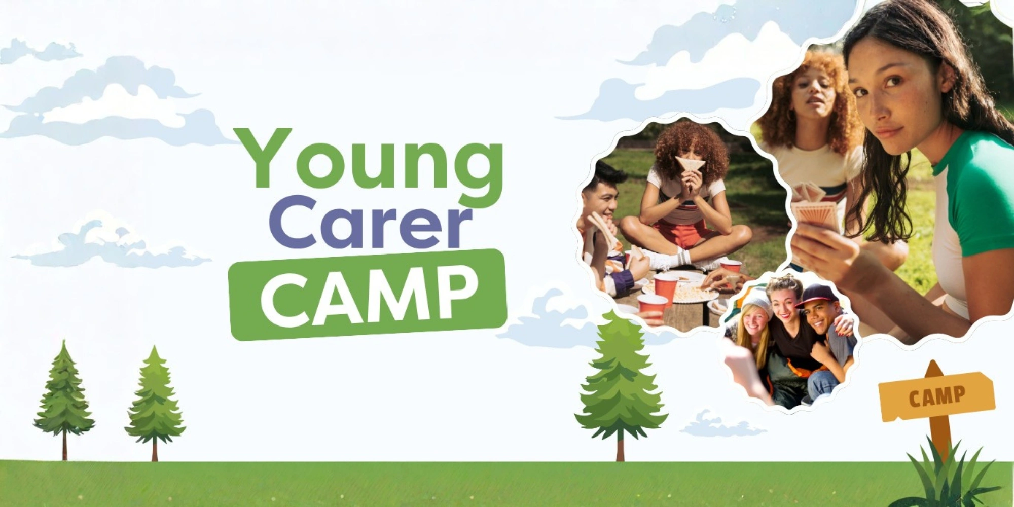 Young Carer Camp with Carers WA banner. The banner consists of a light cloud background with the text 