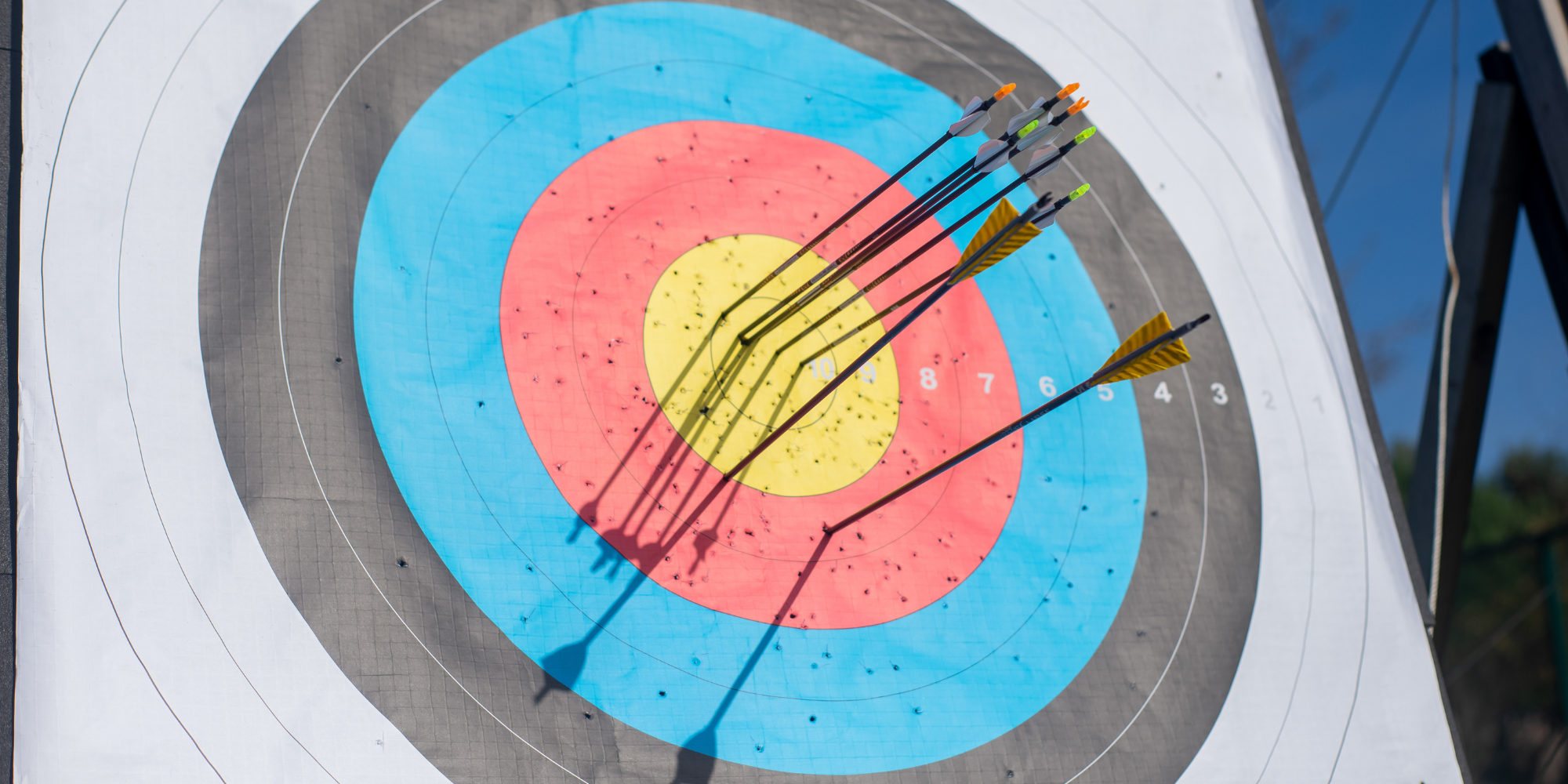 An archery board with multiple arrows fired in it