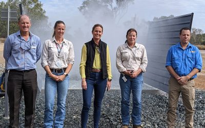 At the Collinsville washdown facility opening, from left, Scott Hardy, Melissa Hayes, Cr Michelle Wright and Lynette Clarray, all of Whitsunday Regional Council, and Georg Wandrag, NQ Dry Tropics’ Landholders Driving Change project manager.