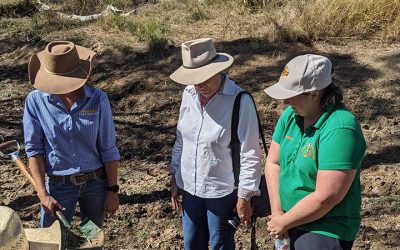 Sherdian Callcott, left, with a soil sample taken spade-deep with Christine Jones, centre, and Chantel Donalle.