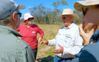 Grazier and LDC project panel member Bob Harris, second from right, discusses grazing management practices with Scott Robinson, Elisa Nichols and Rae Schlecht, of DES.