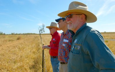 From left, Bob Shepherd, DAF, Christian Roth, Great Barrier Reef Foundation (GBRF), and Roger Landsberg, Trafalgar Station, and steering committee member inspect Glen Bowen gully remediation sites.