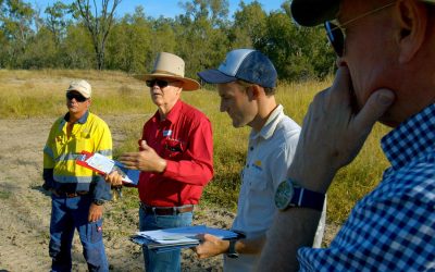 From left, landholder Barry Collett, Bob Shepherd, DAF, who played an instrumental role in helping the Scottville Cluster Group design and implement small gully erosion rehabilitation methods, and grazing land management plans, LDC’s Rodger Walker, and Bob Speirs, the MIP steering committee chairman.