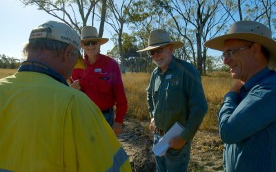 Landholder Barry Collett (back to camera) shares insights of works carried out on his property Todsure with (from left) Bob Shepherd, DAF, Roger Landsberg, Trafalgar and steering committee member, and John Rolfe, CQU and steering committee member.