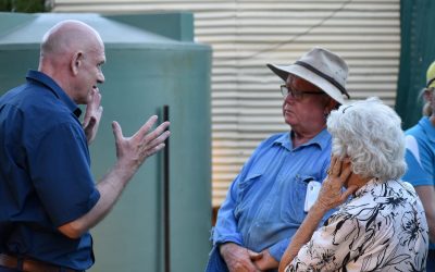 NQ Dry Tropics Landholders Driving Change Grazing Team Leader Mark O'Connor with Paul and Sally Fry, Strathmore, t the Landholders Driving Change (LDC) Vegetation Management and Reef Regulations workshop, Bowen River Hotel.