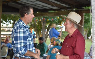 Brett Scott, Flagstone, and Jim Hillier, Glenmore, at the Landholders Driving Change (LDC) Vegetation Management and Reef Regulations workshop, Bowen River Hotel.