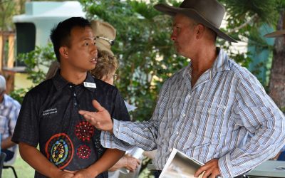 David Lin, of Department of Natural Resources, Mines and Energy, and Andrew Angel, Mossvale, at the Landholders Driving Change (LDC) Vegetation Management and Reef Regulations workshop, Bowen River Hotel.