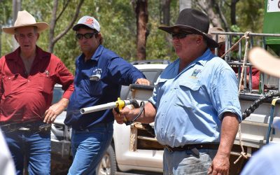 The Bowen River Cluster Group is trialling an Epple Skattergun for controlling small infestations of prickly acacia and other weeds. It's an air compressor-powered device for shooting herbicide pellets and the trigger on the gun allows for measured individual doses or can remain engaged allowing a constant flow of herbicide. Pictured is cluster group member Owen Howard, of Hells Gate (right), and from left, cluster members Jim Hillier, Glenmore Station, and Greg Sibson, Blue Valley Station.