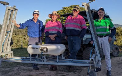 NQ Dry Tropics Land Management Coordinator Rodger Walker and fieldwalk hosts Mandy, Kell and Cliff Tennent beside their weed wiper.