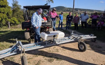 Host landholder Kell Tennent giving a rundown of the operation of their weed wiper.