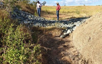 LDC Senior Grazing Officer Mick Shannon, left, and Glen Bowen landholder Christian Cormack inspect remediation works that held up during this year's wet season.