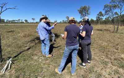 Landscape ecologist Brett Abbott, of CSIRO, pictured left, explains the PatchKey methodology as a rangeland biophysical monitoring tool to NQ Dry Tropics field officers, including Landholders Driving Change staff, at a training day held in Townsville in July.
