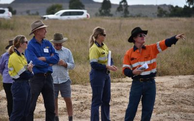 Local earthworks contractor Bernie Fordham, right, explains the works that he carried out on Hillview for landholders Garry and Isabel Sloan.