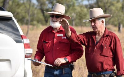 DAF's beef extension officer and soil conservation technical adviser Bob Shepherd, left, and grazier and earthworks contractor Jim Hillier discuss landscape remediation techniques.