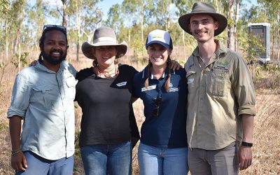 Mt Pleasant grazier Garlone Moulin (second, from left) with (from left) JCU researchers Rishab Pillai, Natasha Ryan and Eric Nordberg.
