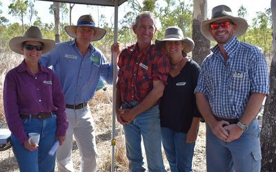 Roxanne Morgan DAF, Graham Armstrong Mackay Landcare, Mt Pleasant graziers Jamie Gordon and Garlone Moulin with Jim Fletcher, DAF.