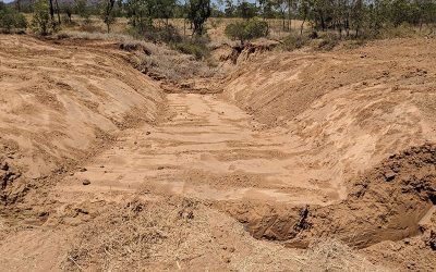 Five rock chutes have been constructed in the treatment gully as part of phase two of the Mt Wickham gully remediation project. The chutes have been designed to intercept flows and reduce flow rate.