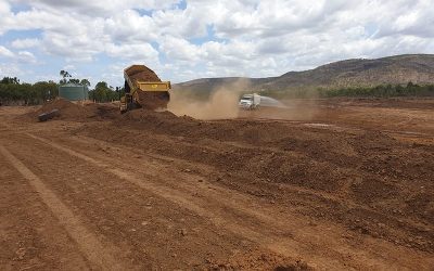 Initial earthworks at the Glen Bowen gully remediation site includes reshaping the complex gully network to form two stabilised free-draining basins.