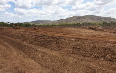 Initial earthworks at the Glen Bowen gully remediation site includes reshaping the complex gully network to form two stabilised free-draining basins.
