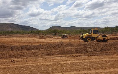 Initial earthworks at the Glen Bowen gully remediation site includes reshaping the complex gully network to form two stabilised free-draining basins.