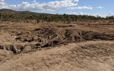 Initial earthworks at the Glen Bowen gully remediation site includes reshaping the complex gully network to form two stabilised free-draining basins.