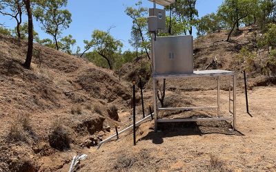 Initial earthworks at the Glen Bowen gully remediation site includes reshaping the complex gully network to form two stabilised free-draining basins.