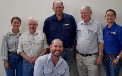 Pictured (standing, from left) are: Roxanne Morgan, and Mick Sullivan, DAF, NQ Dry Tropics Grazing Field Officer Mick Shannon, Rob Dixon, University of Queensland and NQ Dry Tropics Grazing Field Officer Sheridan Callcott and (kneeling), Jim Fletcher, DAF.