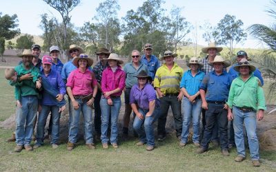 The LDC BBB Grazier Support program held a breeder management and preg testing school at Sutherland Station, thanks to owners Jo Travers and Paul Thorogood. The workshop was led by Dr Ian Braithwaite. Front, Paul Thorogood, his son Cooper, Jo Travers, Jess Norman, Olivia Gordon, Alex Otto, Stephanie Tudehope, Charlie Woodhouse, Shange Jameson, at back, Ellisa Davis, Adrienne Hall, Troy Russell, Brodie Gordon, Ian Braithwaite, Derek Young, Alistair Brown, Simon Le Blowit, and at the very back, George Gourley.