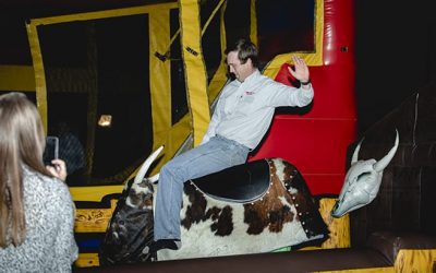 LDC project panel member grazier Bristow Hughes, of Strathalbyn, showing form on the mechanical bull.
