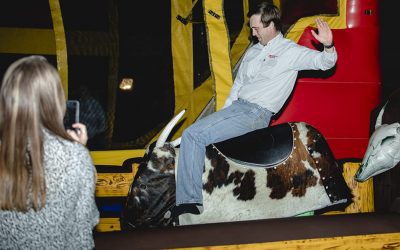 LDC project panel member grazier Bristow Hughes, of Strathalbyn, showing form on the mechanical bull.