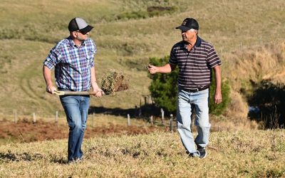 David Hardwick and grazier Wayne Reading, of Borderway Ridge, grab soil samples for the soil health workshop. Wayne and his wife Beth kindly hosted the LDC workshop.