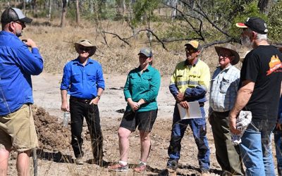 Workshop participants out in the field at Todsure collecting soil samples for testing, and talking about how monitoring the condition of land and soil can help landholders makes decisions for better paddock management, track whether current management practices are maintaining, improving or degrading the soil.
