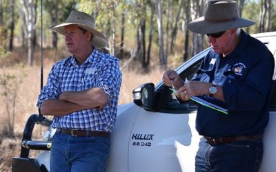 Graziers Brett Scott, Flagstone, and Rod Barrett, Salisbury Plains, at the Mt Pleasant workshop, near Collinsville.