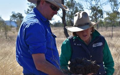 Workshop host and owner of Weetalaba Reid Muirhead, and Dyan Hughes, Wentworth, discuss soil properties.