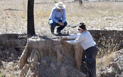 Soil conservation expert John Day and LDC project manager Lisa Hutchinson inspect erosion features on Exevale Station, during a BBB-wide tour, as part of the project's landscape remediation and integrated grazing support activity areas. The aim is to come up with cost effective and practical ways to address erosion features for properties in the BBB area.