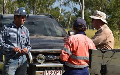 Bristow Hughes, Strathalbyn Station, with Glen Dale and Peter Wilkinson, of Verterra, talking about the variouis gully remediation methods that are being trialled on Strathalbyn.