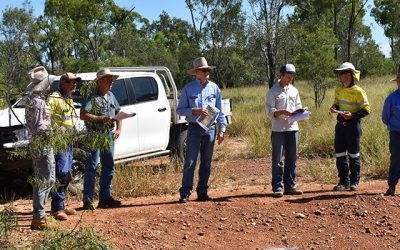 Inspecting remediation sites at John Robinson's plot on Corduroy Creek Road, from left, LDC's Matt Miles, Barry Collett, Queensland Solar Maintenance, Graham Gordon, Two Mile, DAF's Bob Shepherd, LDC's Rodger Walker, Glencore's David Gullo and Carl Groocock, Todsure.