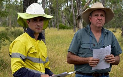 David Gullo, Glencore, and Graham Gordon, Two Mile, inspect proposed landscape remediation sites on Two Mile.