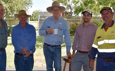 Graham Gordon, Carl Groocock, Bob Shepherd, Matt Miles and Barry Collett during lunch break at Graham and Sheryl Gordon's homestead at Two Mile before heading out to visit more properties.