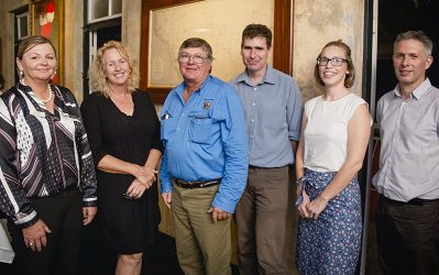 At the Office of Great Barrier Reef (OGBR) meeting to discuss reef regulations are (from left): Landholders Driving Change Senior Project Officer Lisa Hutchinson and Senior Grazing Support Officer Adrienne Hall, Tabletop Station grazier and LDC Steering Panel member Tom Murphy, LDC Manager Andrew Yates, and Rae Schecht and Director Scott Robinson