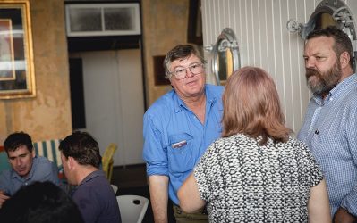 Tabletop Station grazier and Landholders Driving Change Steering Panel member Tom Murphy (left) talking to Department of Environment and Science representatives Leigh Smith and Dominic Henderson