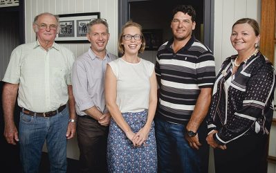 At the Office of Great Barrier Reef (OGBR) meeting to discuss reef regulations applicable to the grazing industry are (from left): Exevale Station grazier Darcy O'Loughlin, Director Scott Robinson, and Rae Schecht OGBR, Landholders Driving Change (LDC) Steering Panel member Buster O'Loughlin and LDC Project Officer Lisa Hutchinson