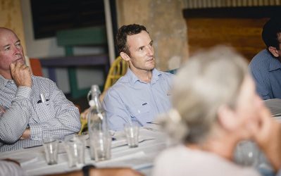 Concentrating during the Office of Great Barrier Reef meeting to discuss reef regulations are Glenlea Downs grazier Peter Anderson and Landholders Driving Change project Land Remediation Coordinator Rodger Walker