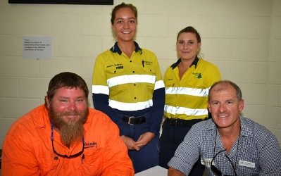 Jessica Szalinski, Glencore, (left) and Penelope Davis, Glencore, with (from left) Lindsay Mackie, WRC Works Supervisor Collinsville Depot and WRC Manager Natural Resources Management Scott Hardy