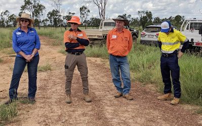 Pictured, from left, are NQ Dry Tropics Landscape Remediation Officer Matt Miles, Dan Waite Aurizon, grazier Mick Boyce and Emohruo Station Stan ???